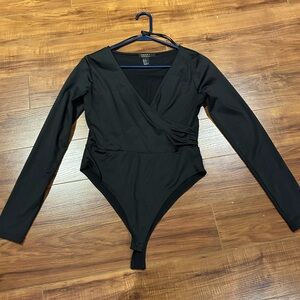 Black Long-Sleeve Wrap Bodysuit